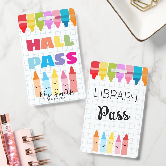 Library Hall Pass Crayon Border Lanyard Badge ID Badge (Office)