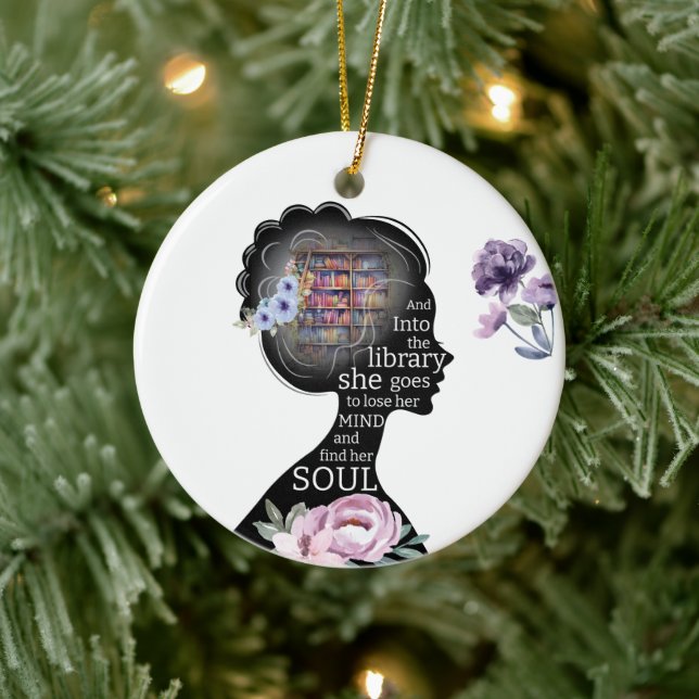 Library Is Her Sanctuary – Inspirational Reader Ceramic Ornament (Tree)
