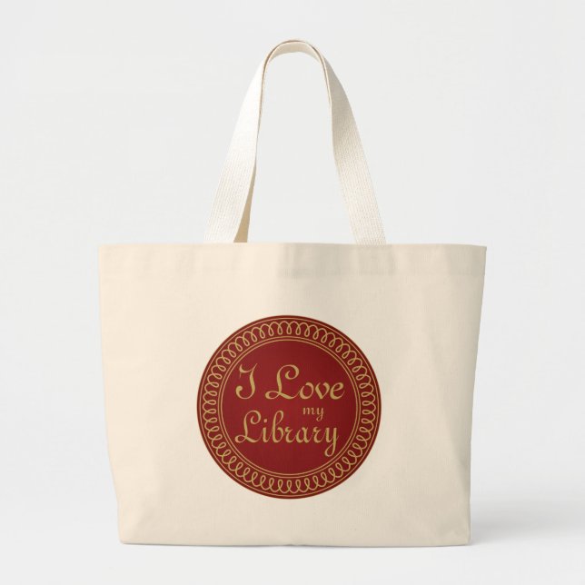 Library Lover Red and Gold Reading Gift Large Tote Bag (Front)