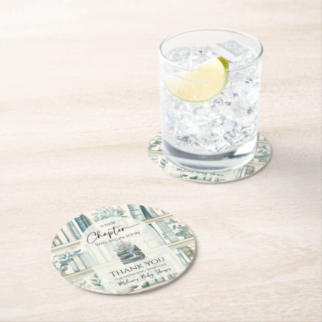 Library New Chapter Blue Boy Book Baby Shower Round Paper Coaster (Insitu)