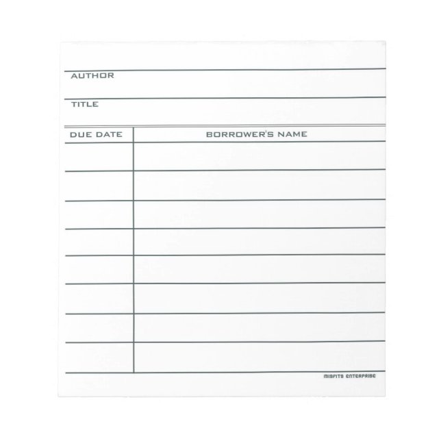Library Pocket Card - notepad (Front)