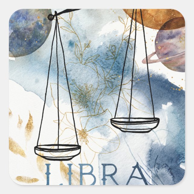 Libras scales birthday zodiac astrology blue gold square sticker (Front)