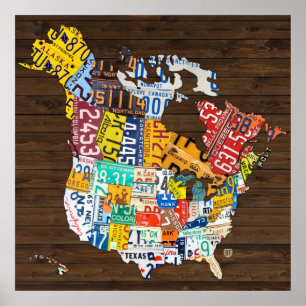 License Plate Map of North America: Plus Hawaii Poster