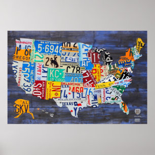 License Plate Map of the United States Blue Ed. 13 Poster