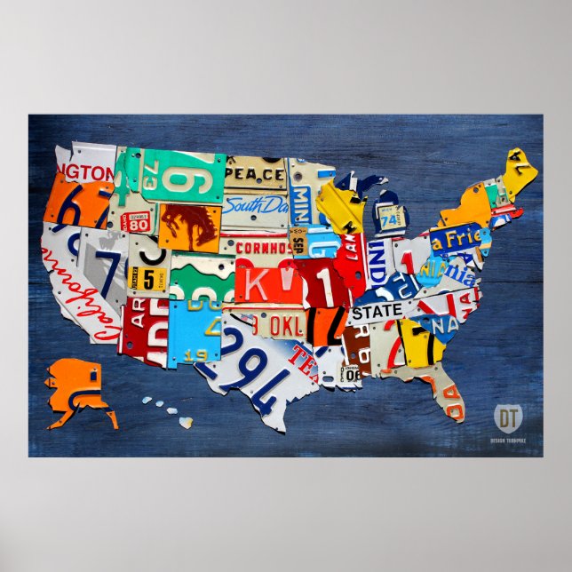 License Plate Map of the United States on Blue Poster (Front)