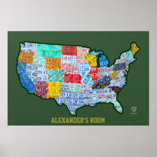 License Plate Map of the USA on Green Custom Text Poster
