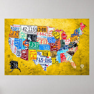 License Plate Map of the USA on Yellow Wood Board Poster