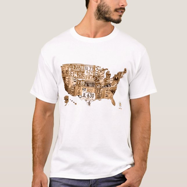 License Plate Map of the USA Sepia Tone T-Shirt (Front)