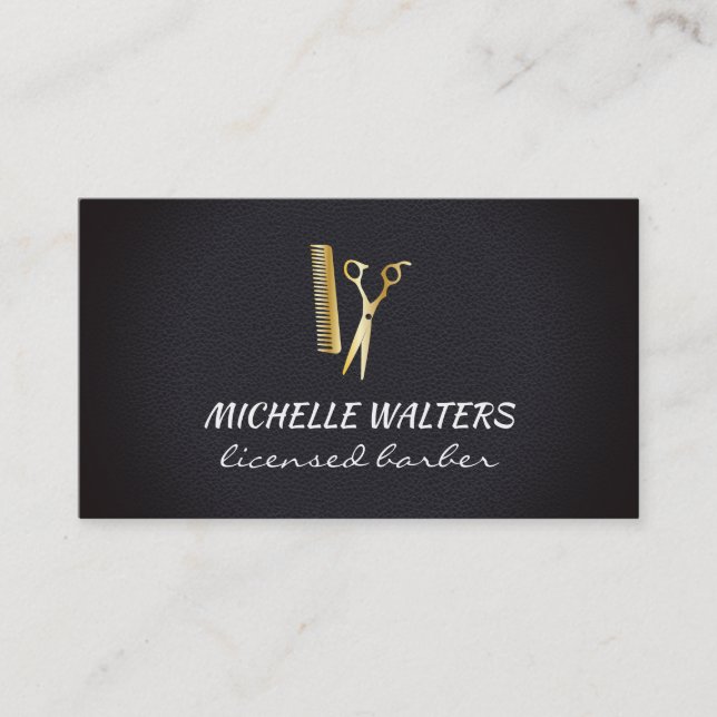 Licensed Barber Leather Gold Comb and Scissors Business Card (Front)