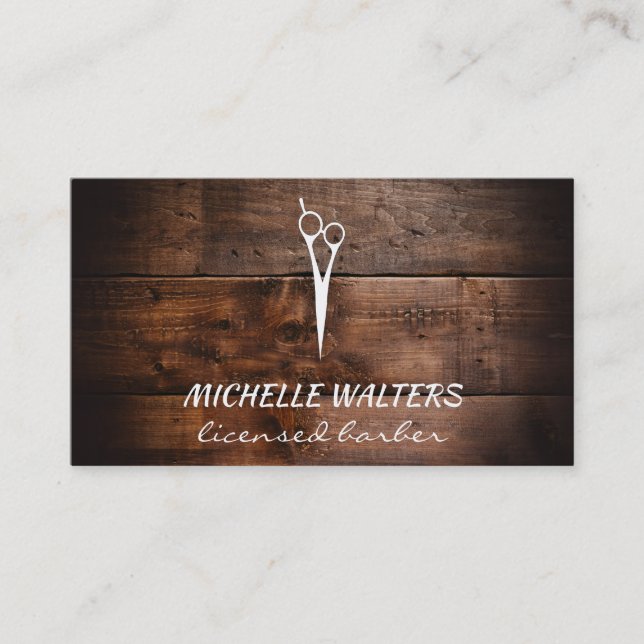 Licensed Barber Scissors and Wood Business Card (Front)