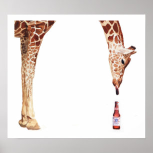"Licker with Beer Bottle" Giraffe Watercolor Poster