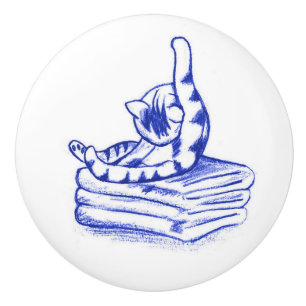 Licking Himself Kitty Cat Bathroom Toile Look Ceramic Knob