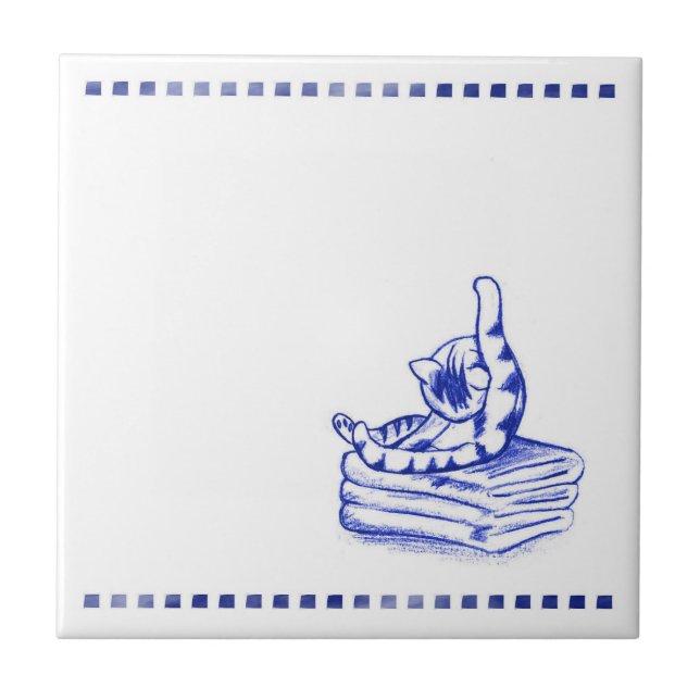 Licking Himself Kitty Cat Bathroom Toile Look Ceramic Tile (Front)