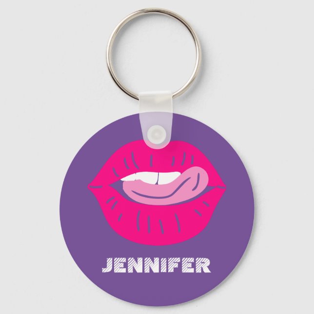 Licking Lips Magenta and Purple Personalised Key Ring (Front)