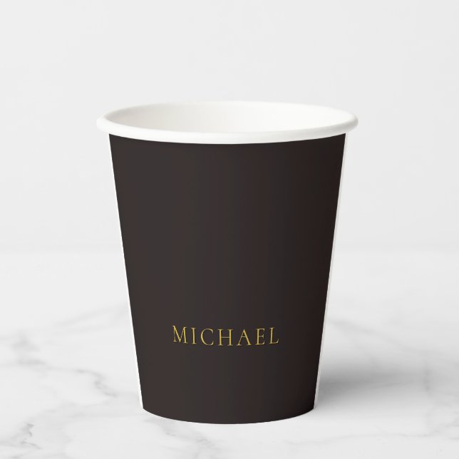 Licorice Black Gold Minimalist Plain Modern Name Paper Cups (Front)