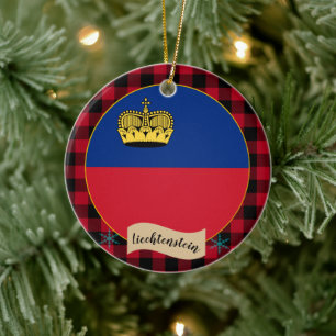 Liechtenstein Flag, Red buffalo plaid, patriotic Ceramic Ornament