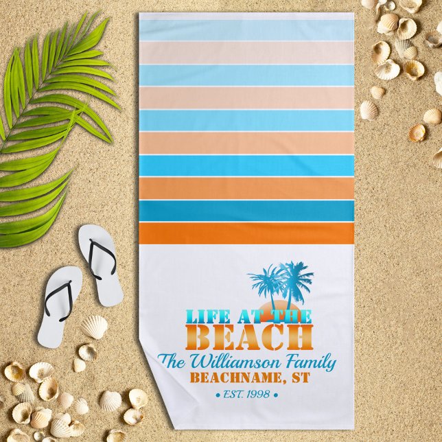 Life at The Beach Cool Blue/Orange Personalised Beach Towel (Creator Uploaded)