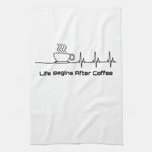 Life Begins After Coffee Heartbeat Funny Tea Towel