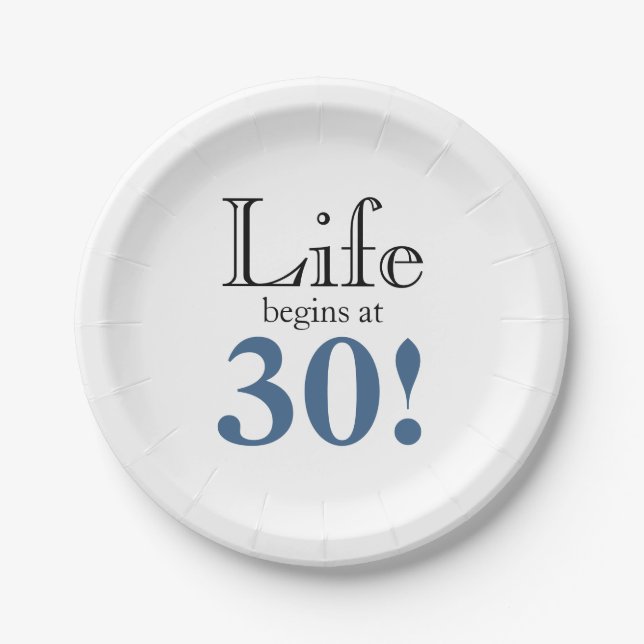 Life begins at 30 retro slate blue black graphic paper plate (Front)