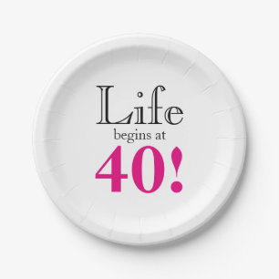 Life begins at 40 pink black retro graphic paper plate