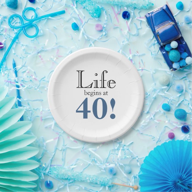 Life begins at 40 slate blue and black cool retro  paper plate (Party)