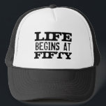 Life begins at 50 funny 50th Birthday trucker hat<br><div class="desc">Life begins at 50 funny 50th Birthday trucker hat. Fun quote cap for fifty year old men and women. Change age year accordingly. Faded vintage typography design with custom age. Add your own custom number. Cool surprise Birthday party gift idea for legendary dad, father, husband, uncle, grandpa, brother, grandfather, stepfather,...</div>