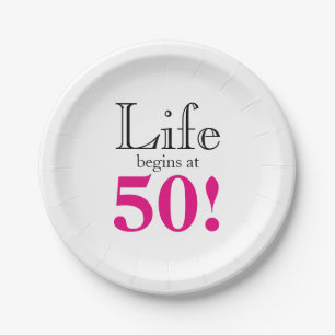 Life begins at 50 retro black pink graphic font paper plate