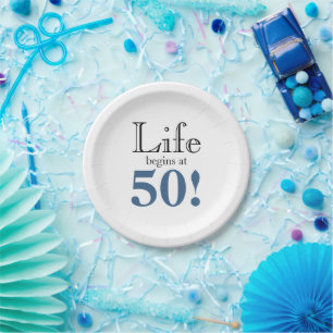 Life begins at 50 slate blue black cool retro pape paper plate