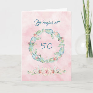 Life Begins at 50 Watercolor Cactus Card