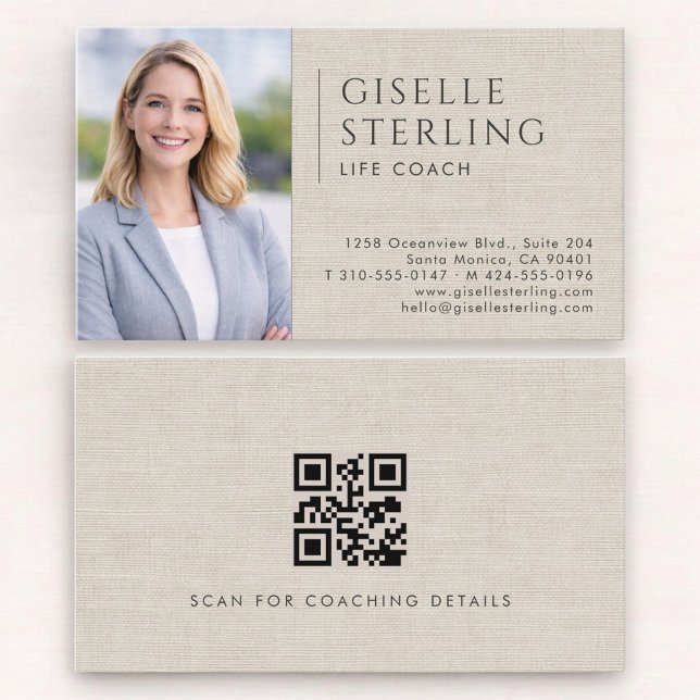Life Coach Linen Photo QR Code Business Card (Creator Uploaded)