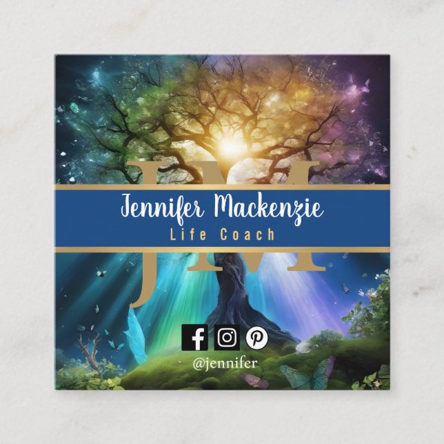 Life Coach Therapist Rainbow Tree of Life Square Business Card (Front)