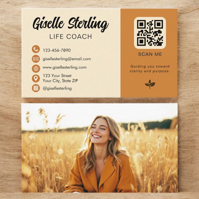 Life Coach Yellow Orange QR Code Photo Business Card (Creator Uploaded)