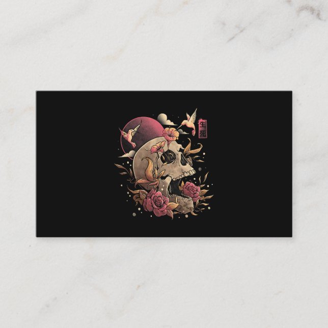 Life & Death Skull Flowers Skeleton Halloween Japa Business Card (Front)