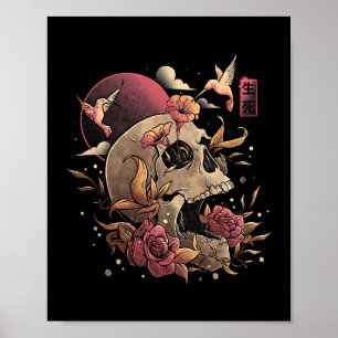 Life & Death Skull Flowers Skeleton Halloween Japa Poster