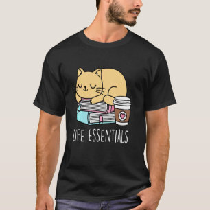 Life Essentials Cute Coffee Cat And Book Lover Boo T-Shirt