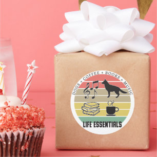 Life Essentials Dogs, Coffee, Books, Music Vintage Classic Round Sticker