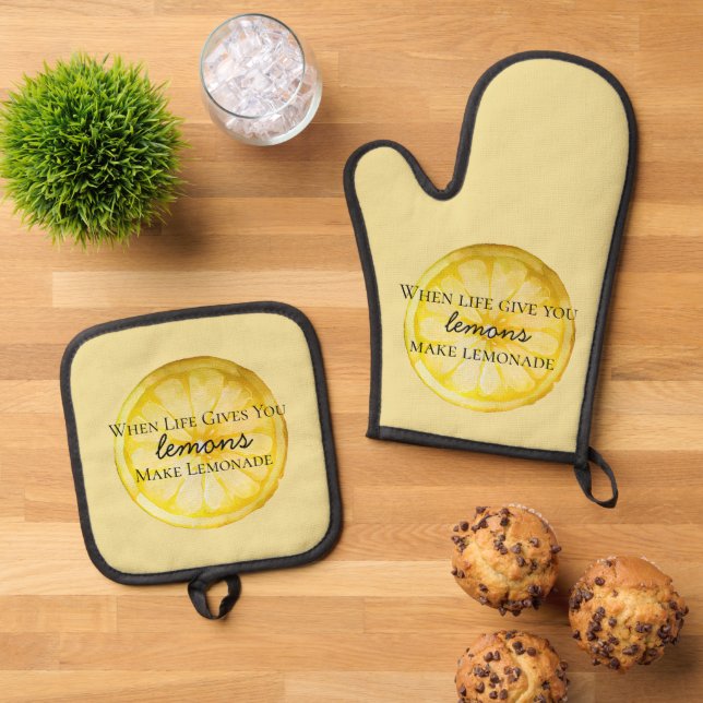 Life Gives You Lemons Quote Oven Mitt & Pot Holder Set (Top Down)