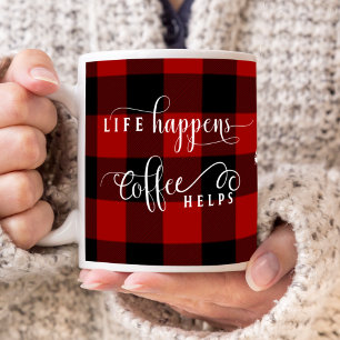 Life Happens Coffee Helps, Plaid, Central Monogram Coffee Mug