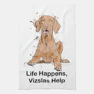 Life Happens Vizslas Help Cartoon Tea Towel