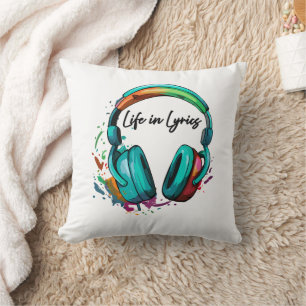 "Life in Lyrics" multi colored headphone Art  Cushion