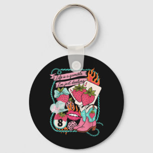 Life Is a Gamble Dealing Cowgirl Strawberry Summer Key Ring