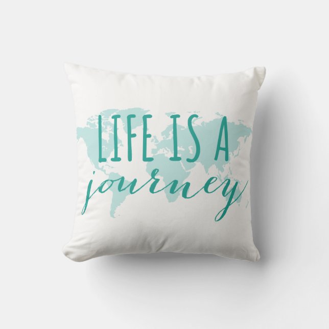 Life is a journey, teal world map cushion (Front)