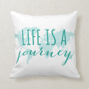 Life is a journey, teal world map cushion