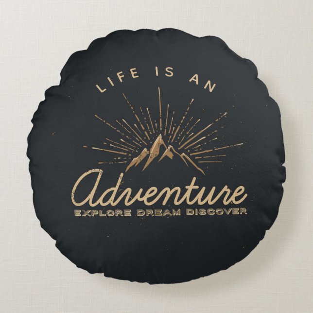 Life is an Adventure Mountain with Sunrays Round Cushion (Front)