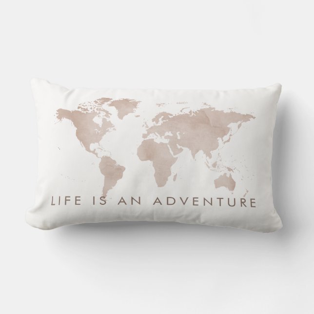 Life is an Adventure Neutral Tan World Map Lumbar Cushion (Front)