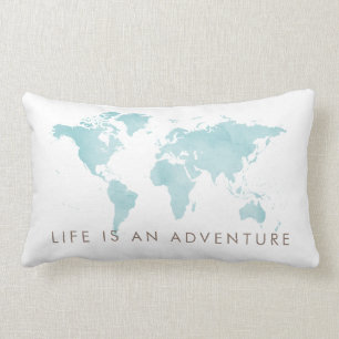 Life is an Adventure Teal Blue World Map Lumbar Cushion