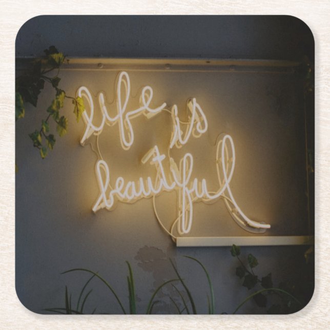 Life is Beautiful Neon Lights Square Paper Coaster (Front)