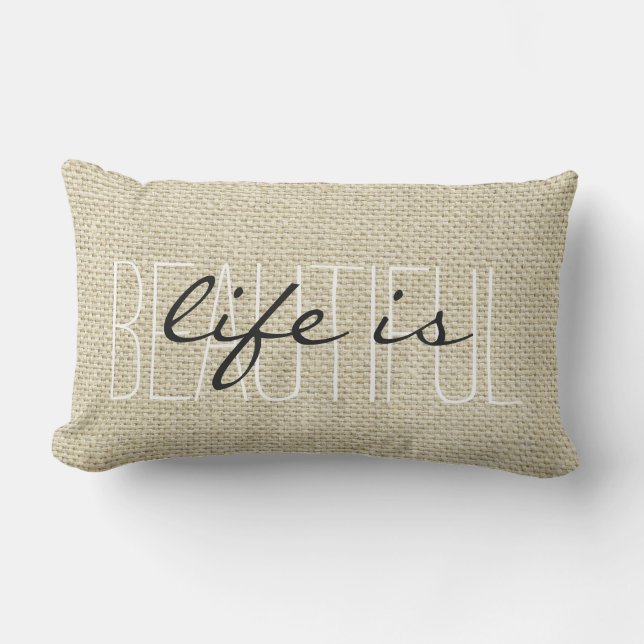 "Life is beautiful" Personalised Linen Lumbar Cushion (Front)