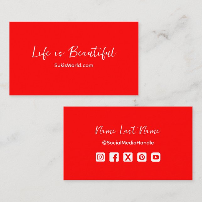 Life is Beautiful Red Blog Website Social Media Business Card (Front/Back)