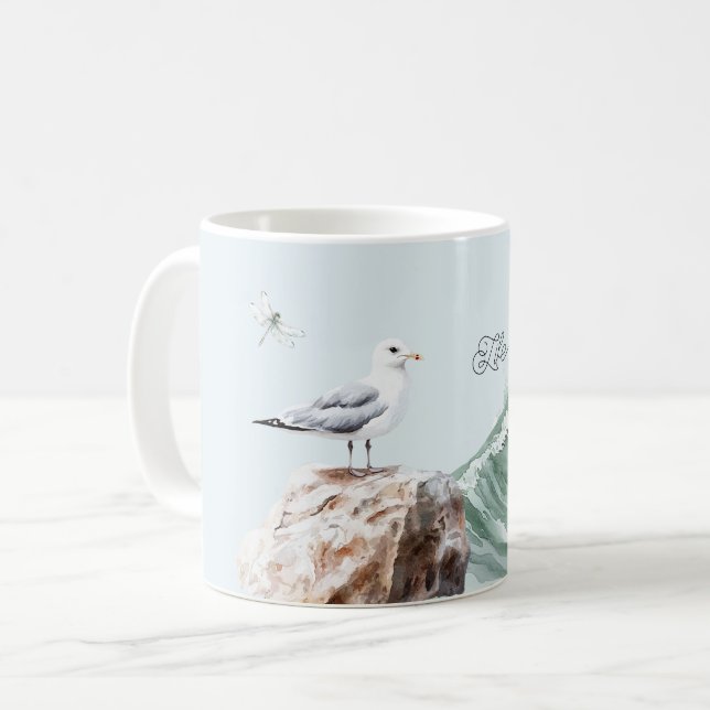 Life is Beautiful Sea Bird Ocean Wave Dragonfly Coffee Mug (Front Left)